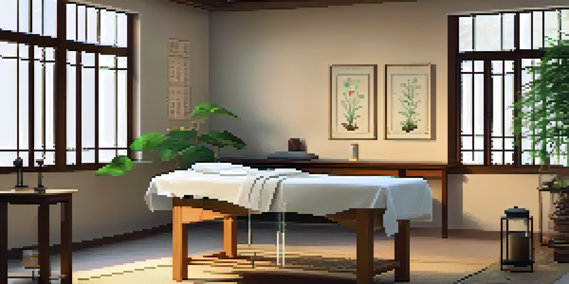 A peaceful acupuncture treatment room with soft natural light, a treatment table, acupuncture needles, and herbal remedy jars.