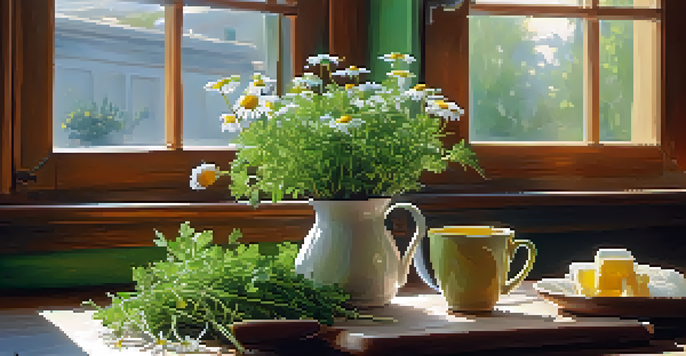 A kitchen table with fresh herbs and a cup of chamomile tea, illuminated by morning light.