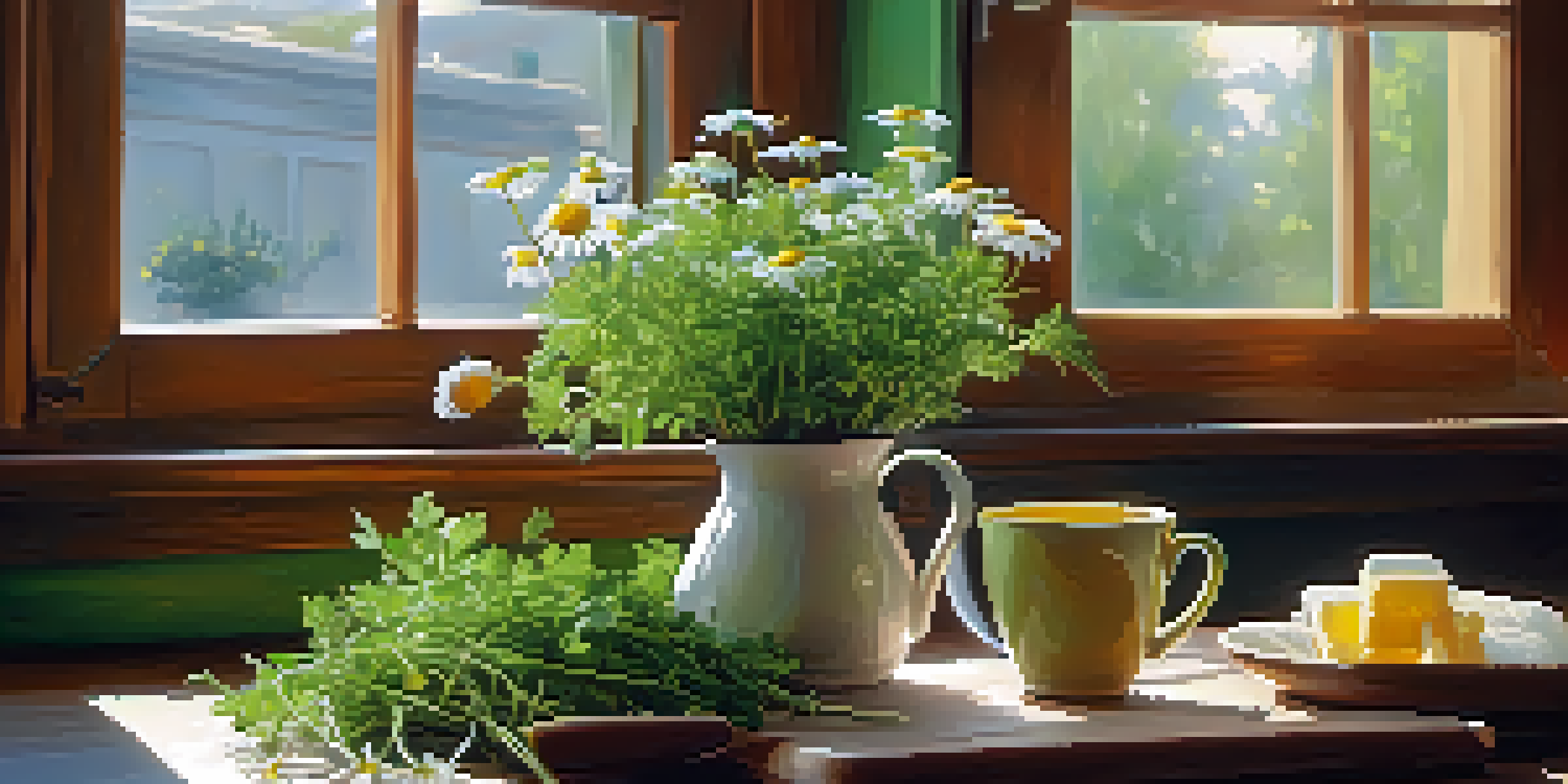 A kitchen table with fresh herbs and a cup of chamomile tea, illuminated by morning light.