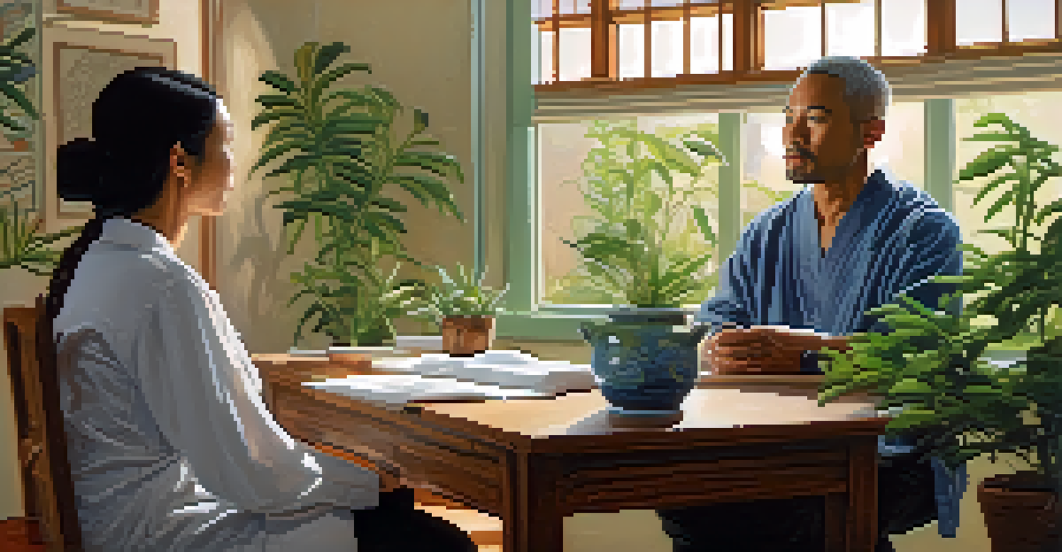 A naturopathic consultation between a practitioner and a young man, emphasizing cultural sensitivity and communication in a warm setting.