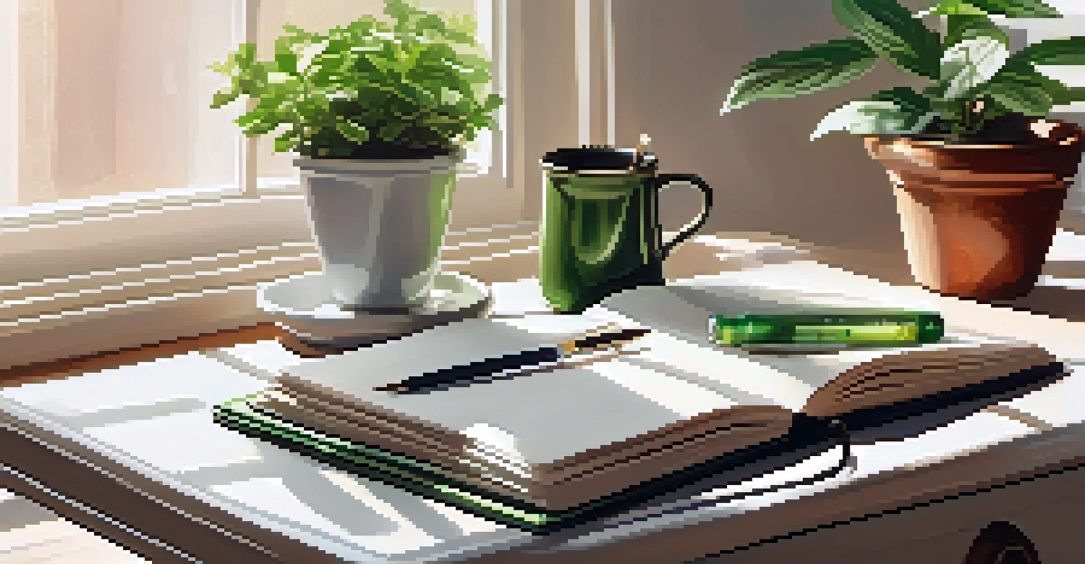 A bright workspace featuring peppermint essential oil, a journal, and a cup of tea, all surrounded by green plants, suggesting a focus-enhancing environment.