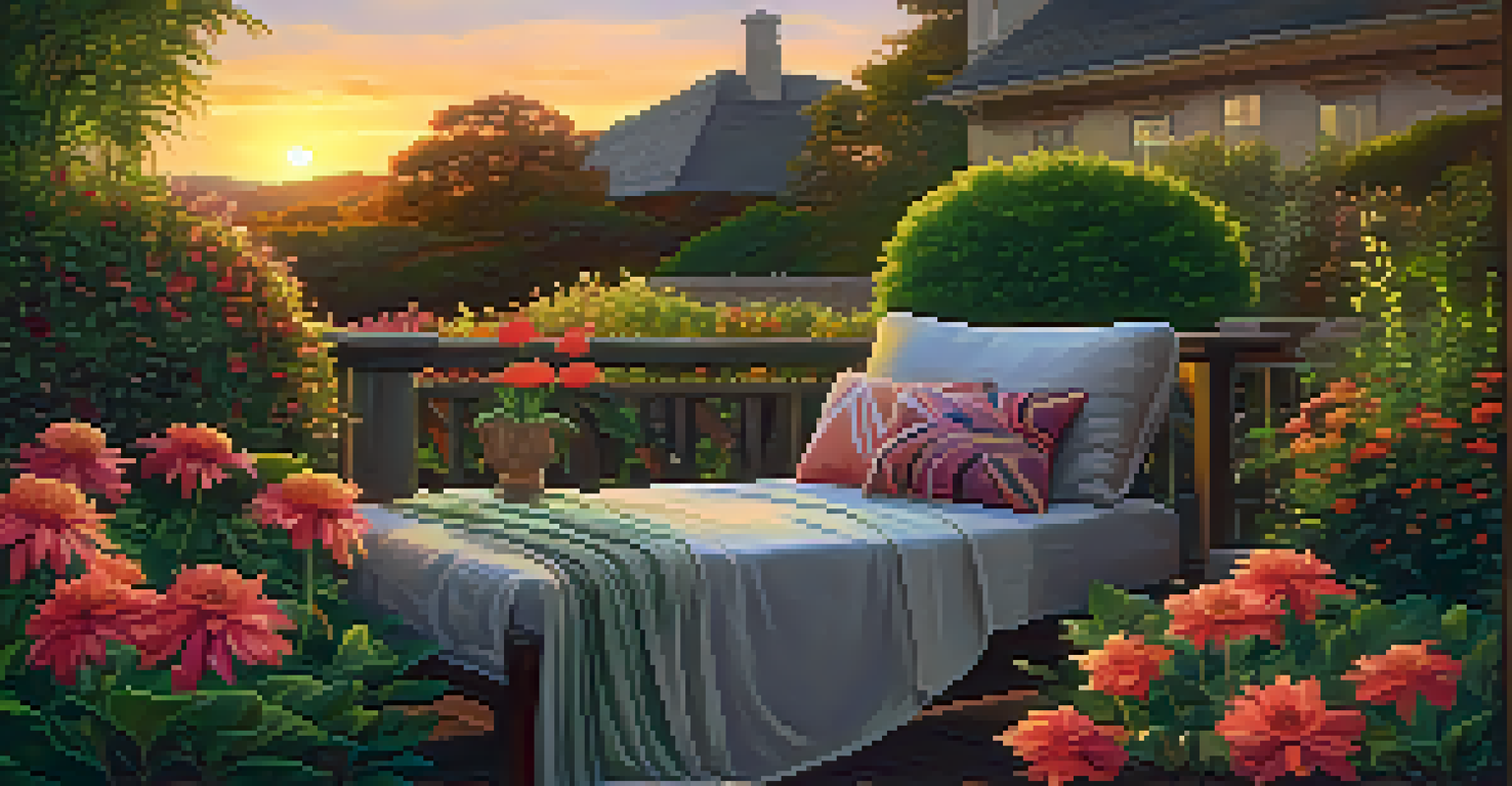 A peaceful garden at sunset with colorful flowers and a relaxing nook.