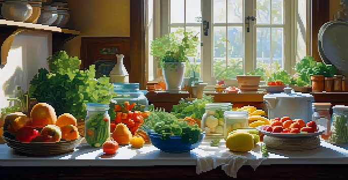 A bright kitchen table filled with fresh fruits, vegetables, and jars of probiotic foods under soft sunlight.