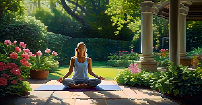A person practicing yoga in a peaceful garden, surrounded by greenery and flowers, with soft sunlight filtering through the leaves.