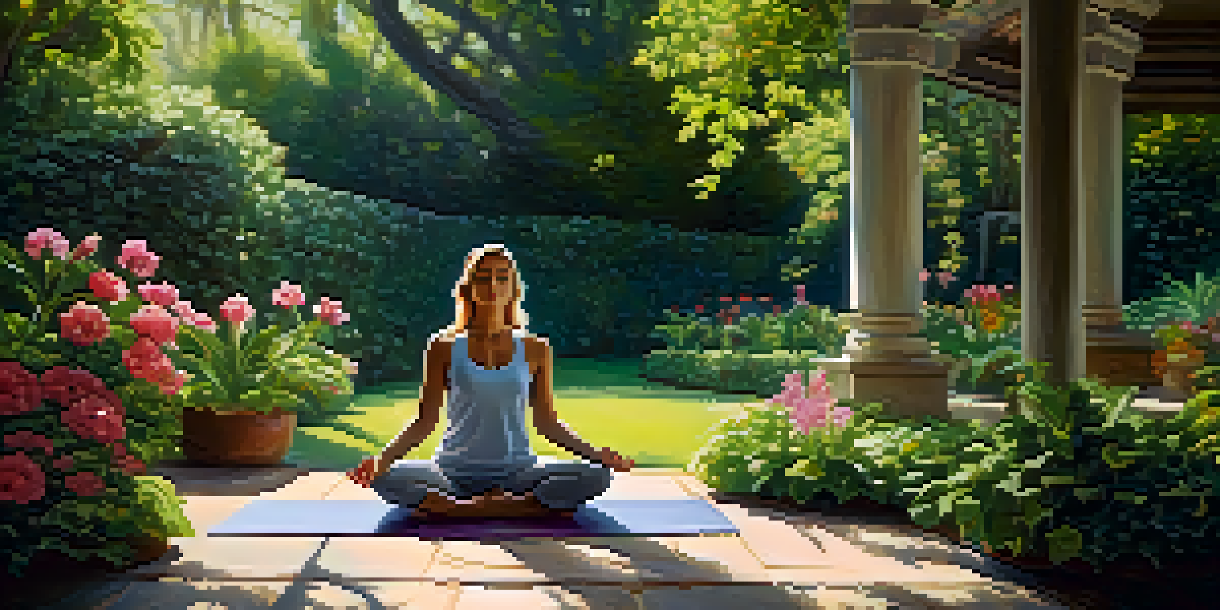 A person practicing yoga in a peaceful garden, surrounded by greenery and flowers, with soft sunlight filtering through the leaves.