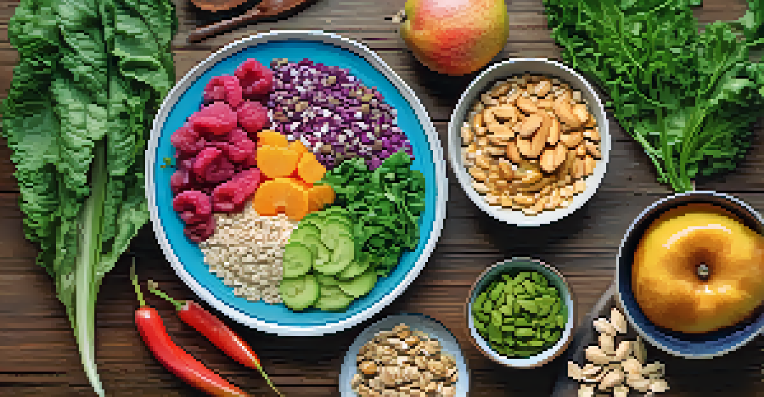 A close-up of a plate with fermented vegetables, salad, and oatmeal with fruits, set on a rustic wooden table.