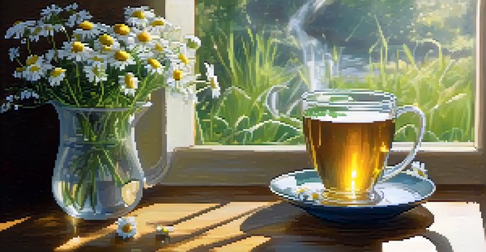 A cozy corner with a cup of chamomile tea and chamomile flowers, illuminated by soft sunlight.