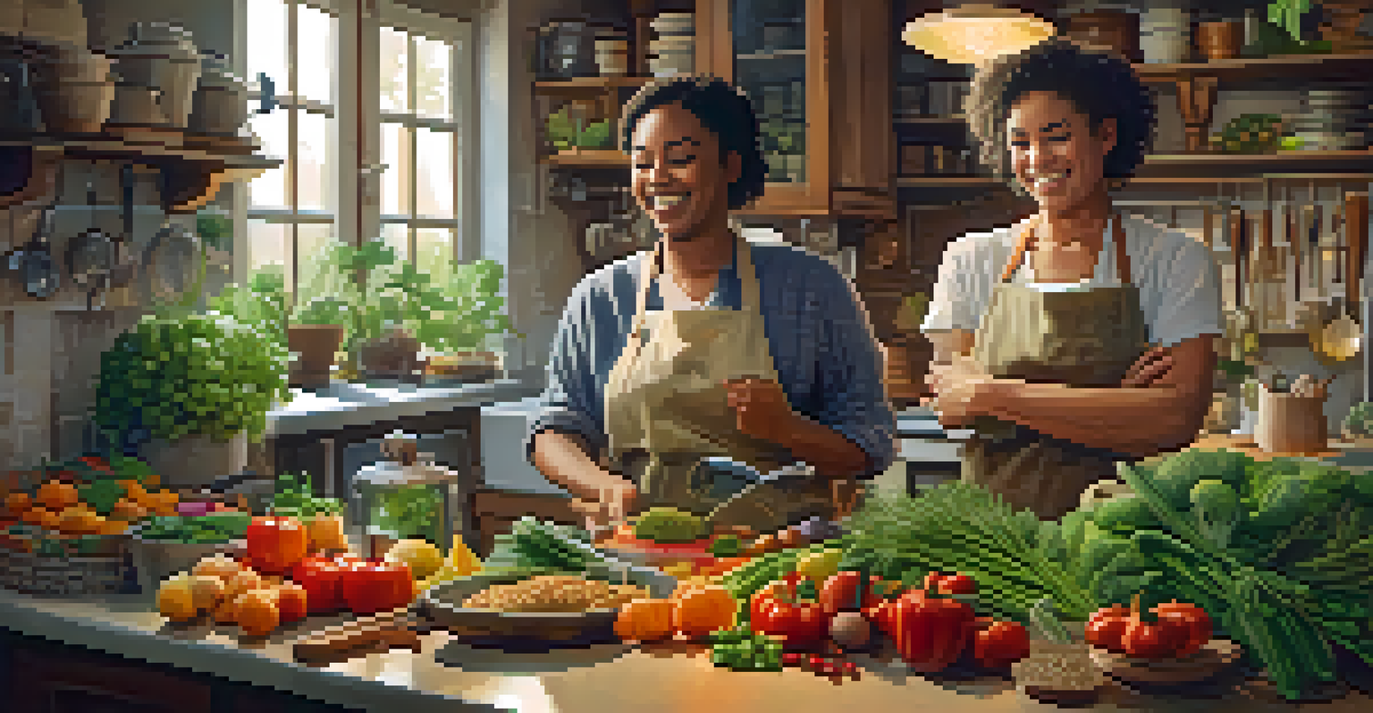 Two friends happily cooking together in a warm, inviting kitchen filled with fresh ingredients, showcasing a sense of friendship and community.