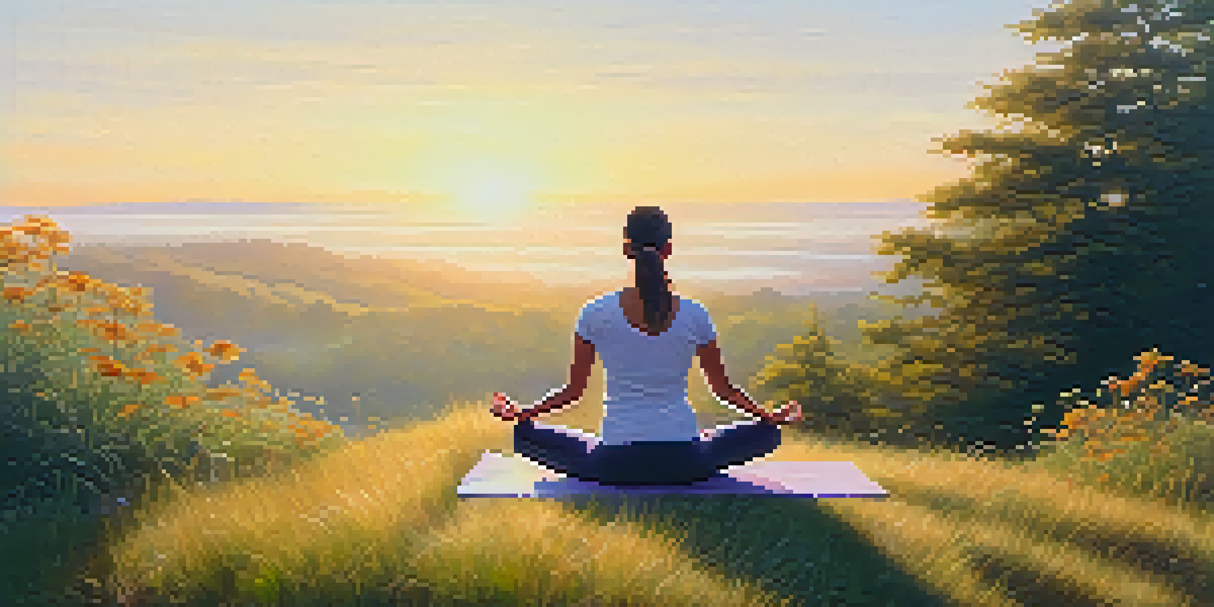A person doing yoga on a grassy hilltop at sunrise, with orange and yellow hues in the sky, surrounded by trees and wildflowers.