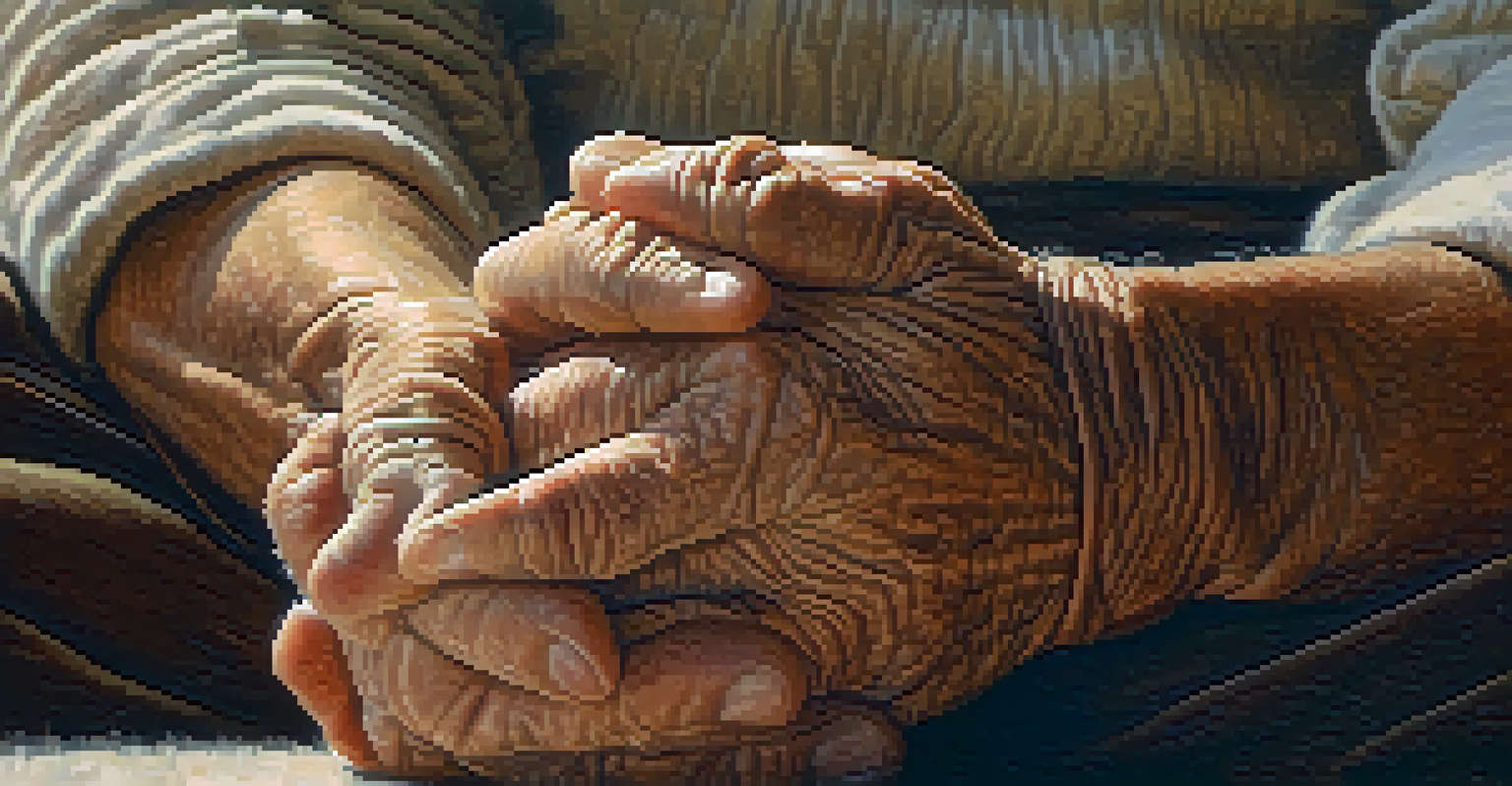A close-up of an elderly man's hands in a meditative pose, emphasizing calmness and tranquility.