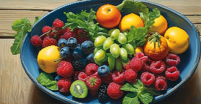 A bowl filled with colorful fruits and vegetables, including berries and leafy greens, on a wooden table, illuminated by soft natural light.