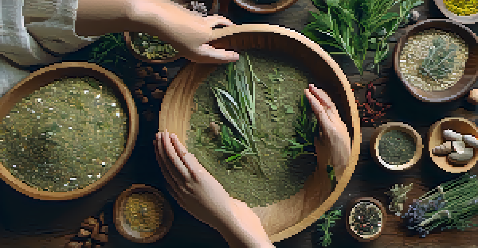 A close-up of hands mixing herbal ingredients in a bowl, surrounded by dried herbs and essential oils.