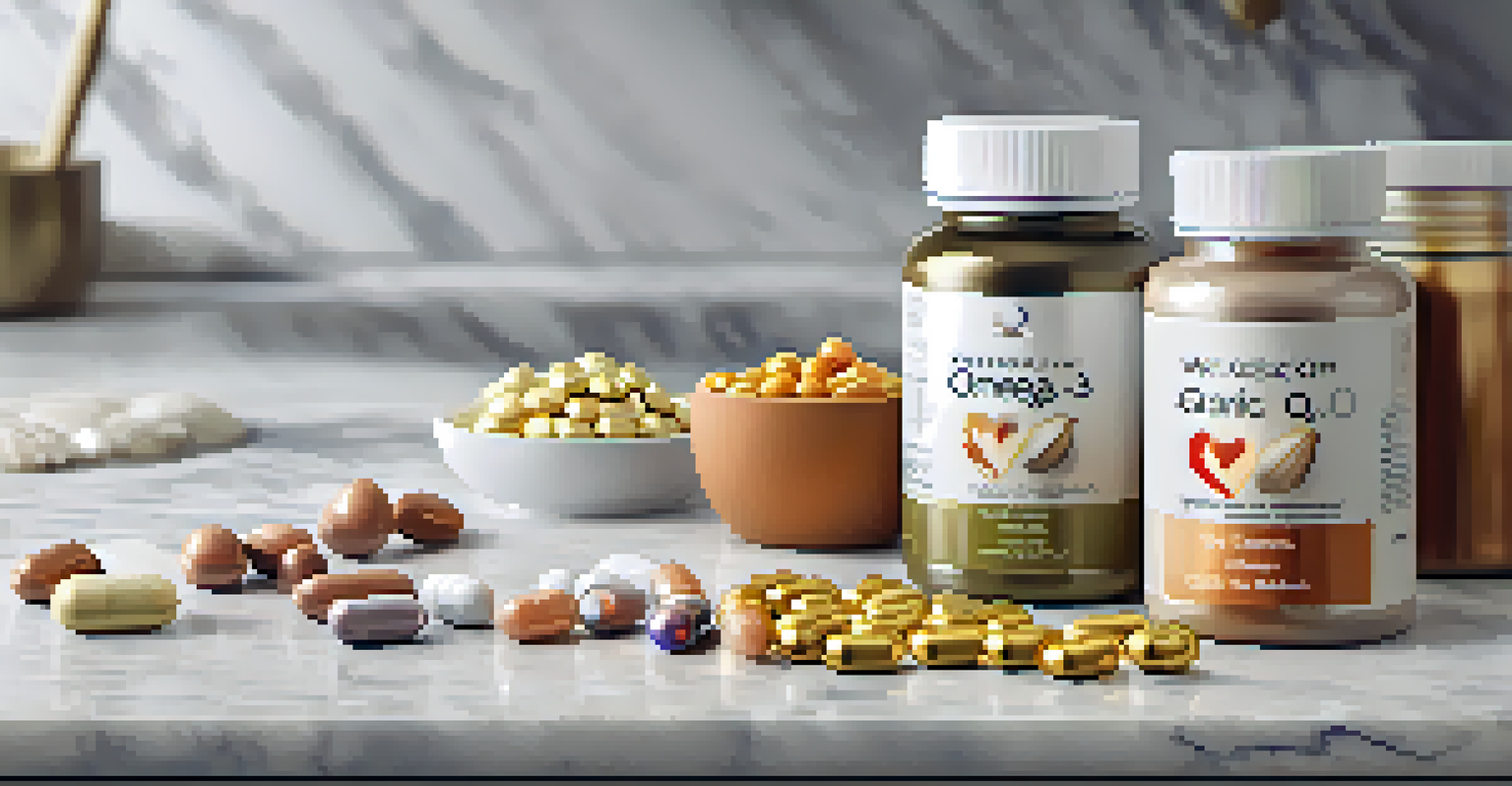 A collection of heart health supplements like Omega-3 capsules and garlic supplements on a marble countertop, softly illuminated.