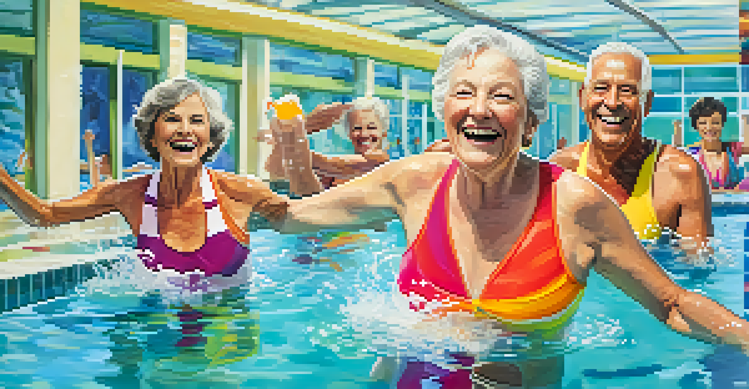 A group of older adults participating in a fun water aerobics class in a bright pool.
