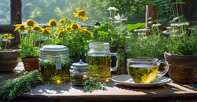 A tranquil herbal garden with various herbs and a cup of herbal tea on a wooden table, illuminated by soft sunlight.