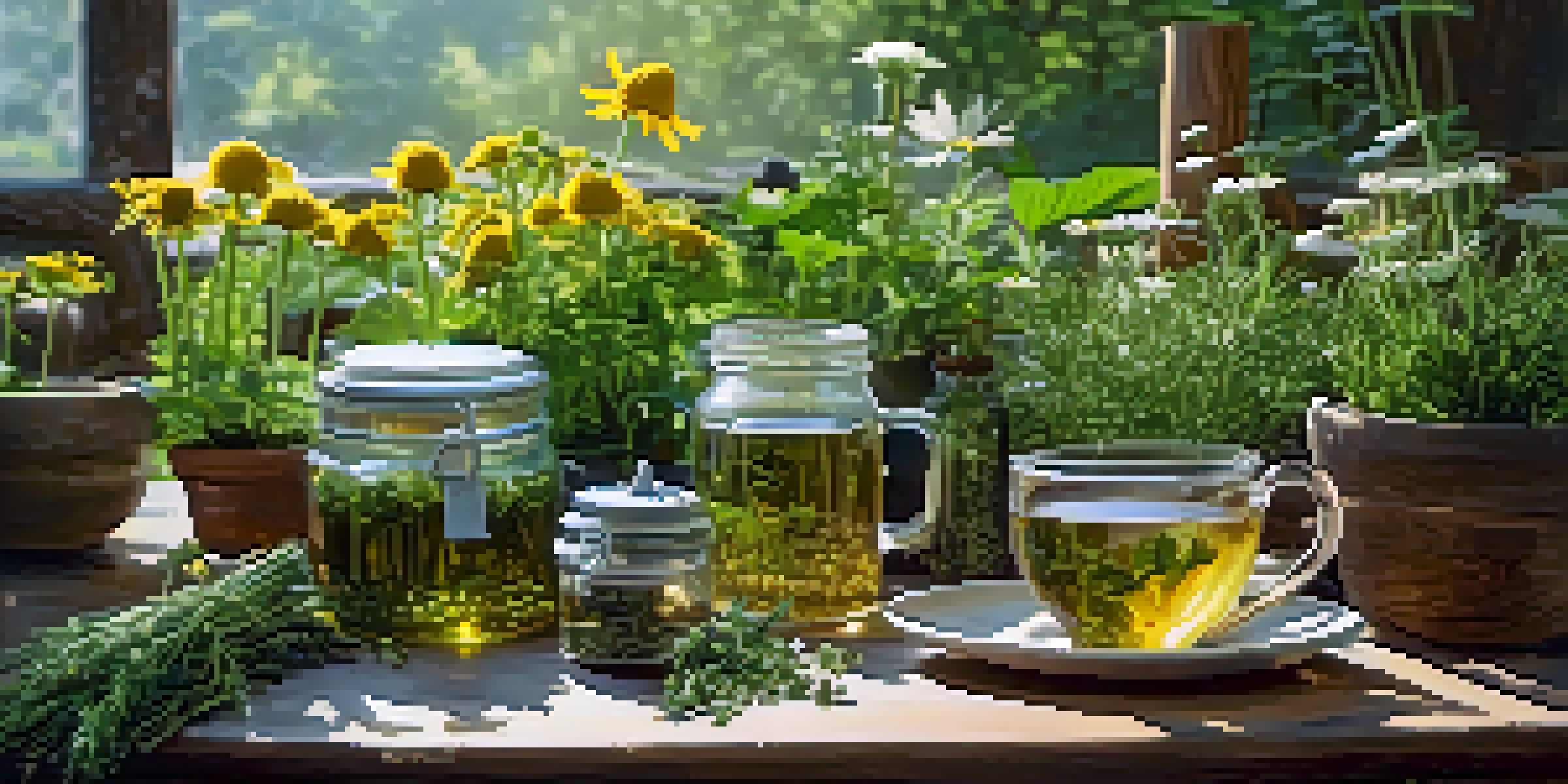 A tranquil herbal garden with various herbs and a cup of herbal tea on a wooden table, illuminated by soft sunlight.