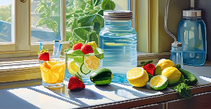 A kitchen with a glass jug of infused water surrounded by fresh fruits, with sunlight streaming in.