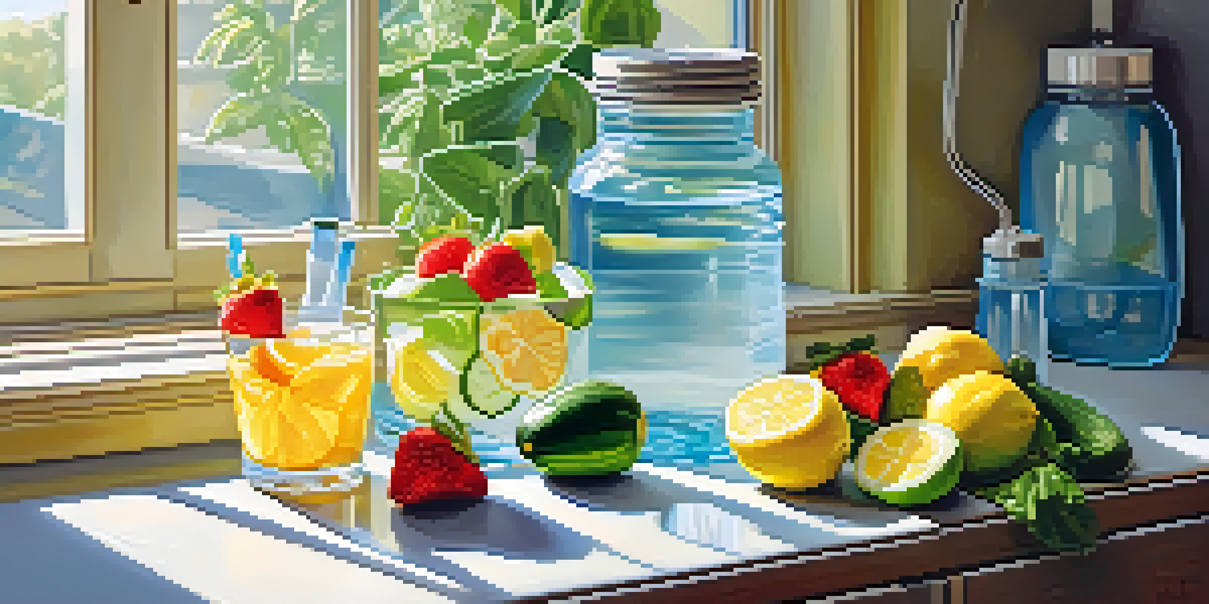 A kitchen with a glass jug of infused water surrounded by fresh fruits, with sunlight streaming in.