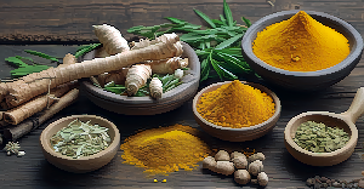 A rustic table with fresh herbs like turmeric and ginger, styled with natural elements and soft lighting.