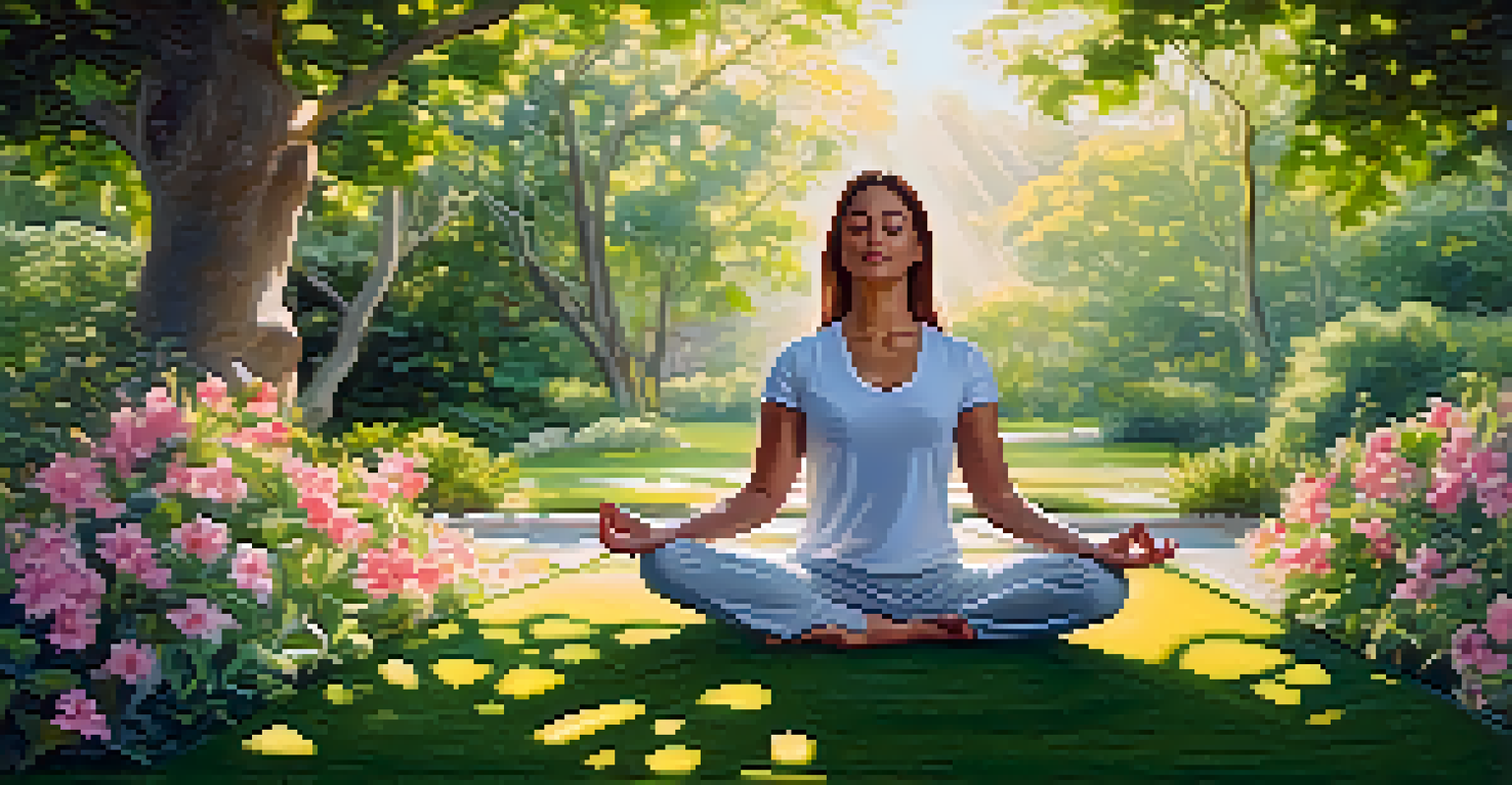 A person practicing yoga in a serene garden surrounded by greenery and flowers.