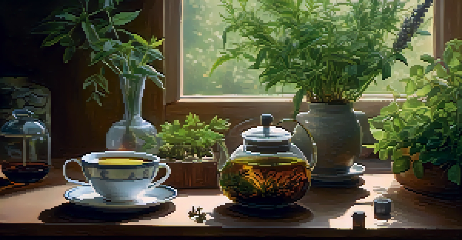A cup of herbal tea surrounded by herbs on a wooden table, with a person taking a deep breath.