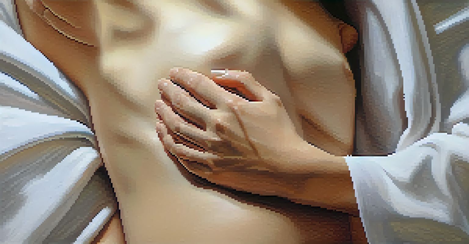 A close-up of a person's hands on their abdomen, practicing diaphragmatic breathing, with a serene expression and soft natural light in the background.