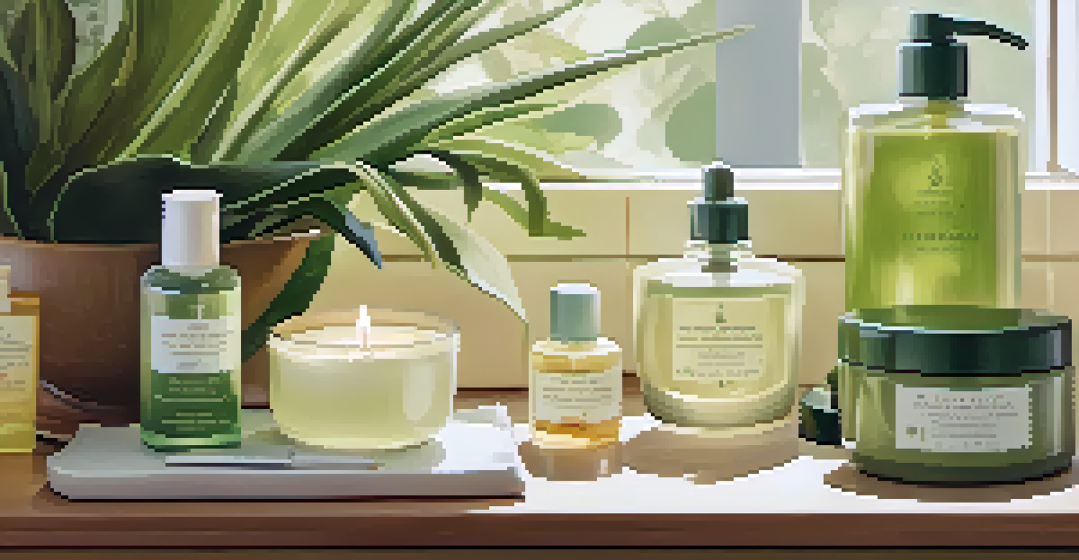 A close-up view of a skincare routine with gentle products on a wooden vanity, surrounded by a calming atmosphere.