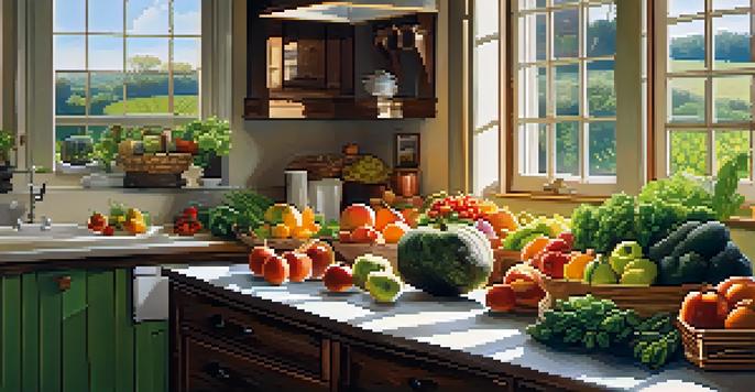 A cozy kitchen with fresh fruits and vegetables on a wooden table, illuminated by sunlight.