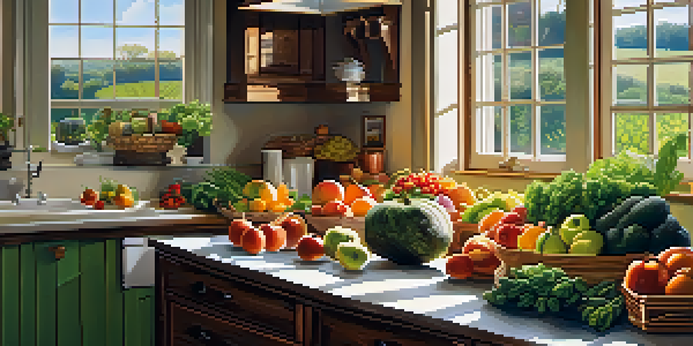 A cozy kitchen with fresh fruits and vegetables on a wooden table, illuminated by sunlight.
