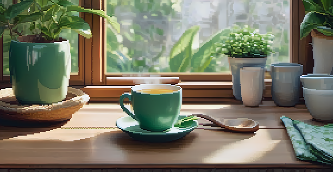 A cozy kitchen with a wooden table, a cup of peppermint tea, fresh ginger root, and green plants in the background.