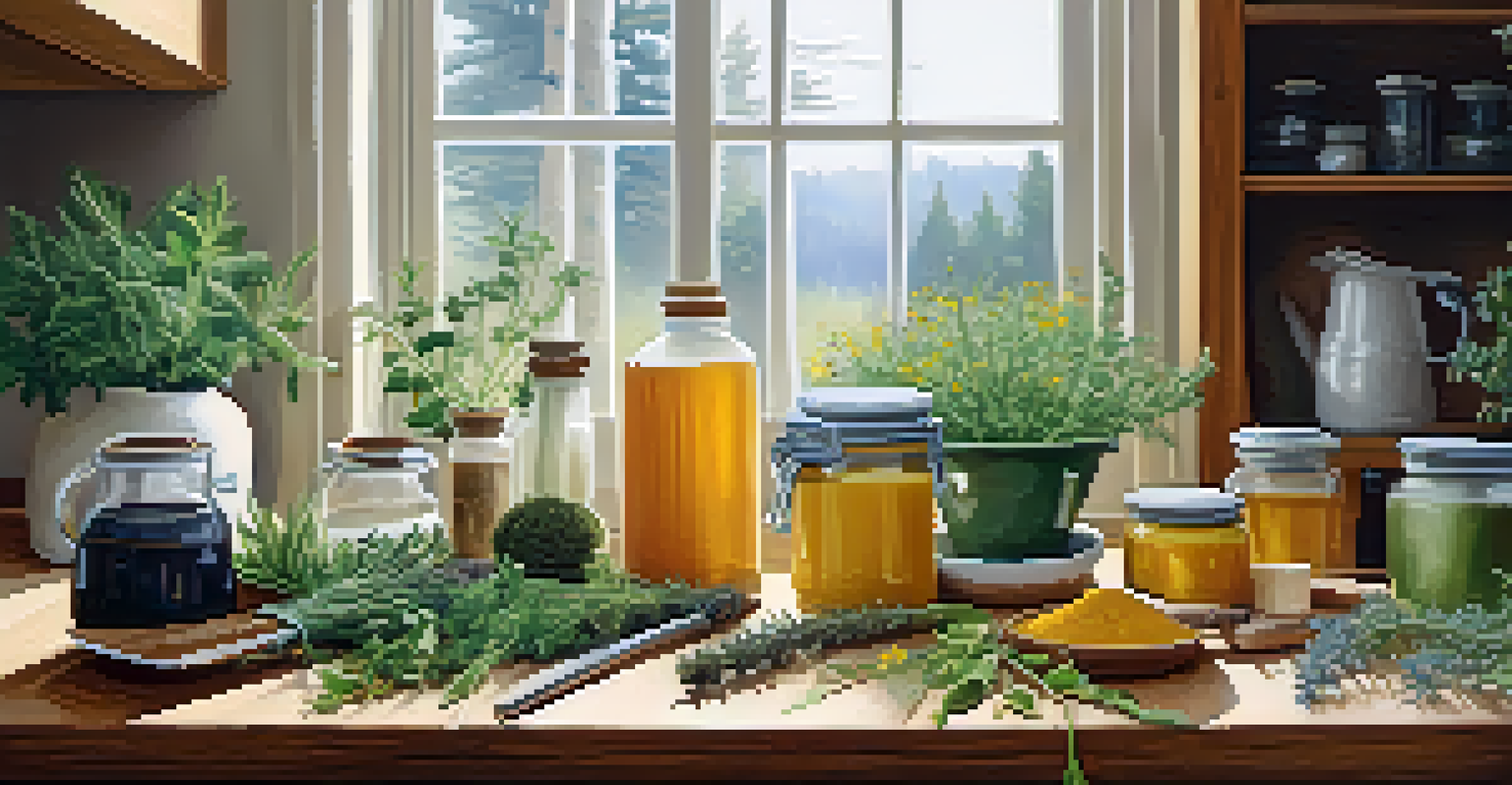 A kitchen countertop filled with various herbs like turmeric and milk thistle in natural light.