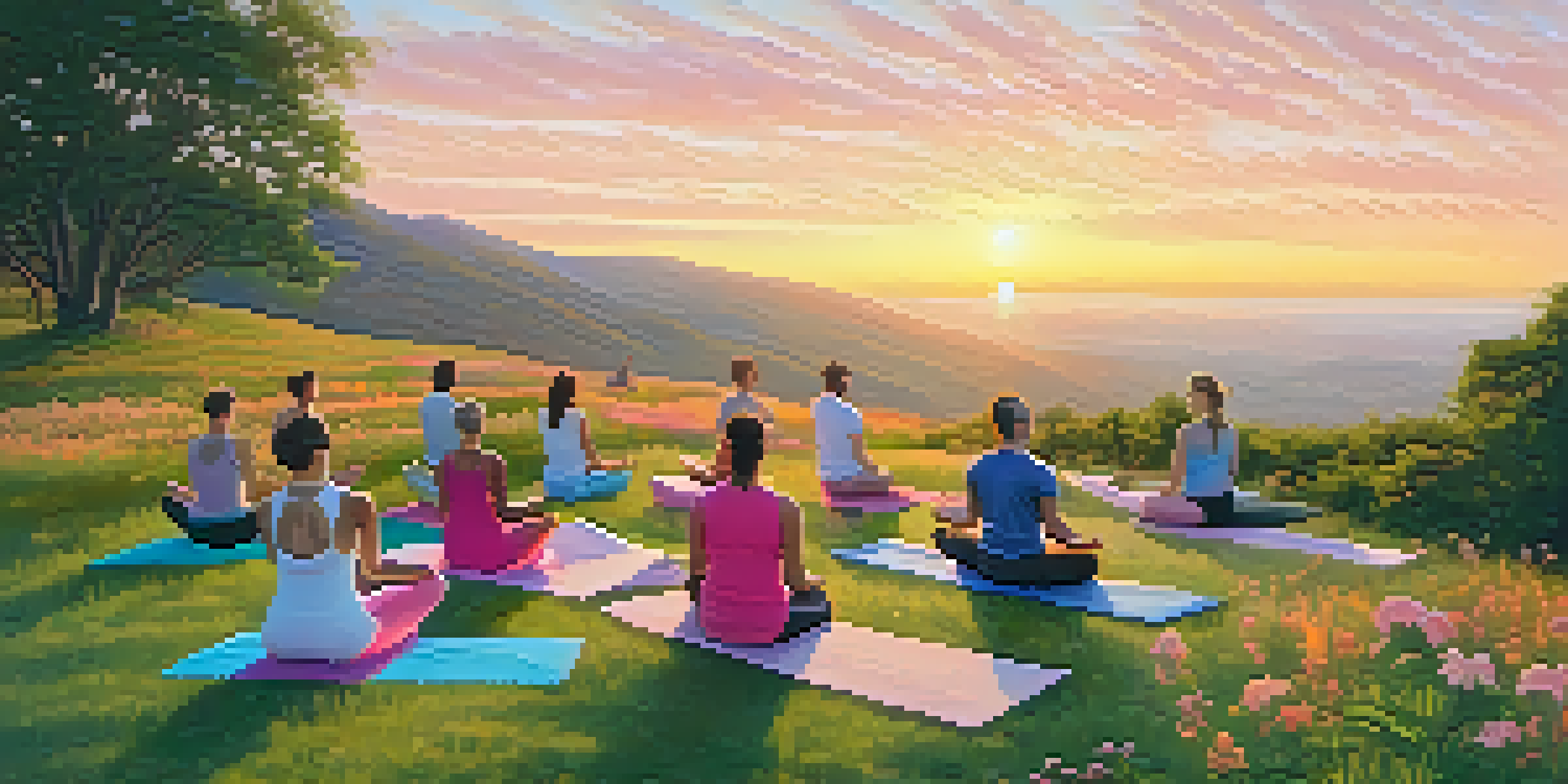 A diverse group of people practicing yoga on a hilltop at sunrise, with a colorful sky and green surroundings.