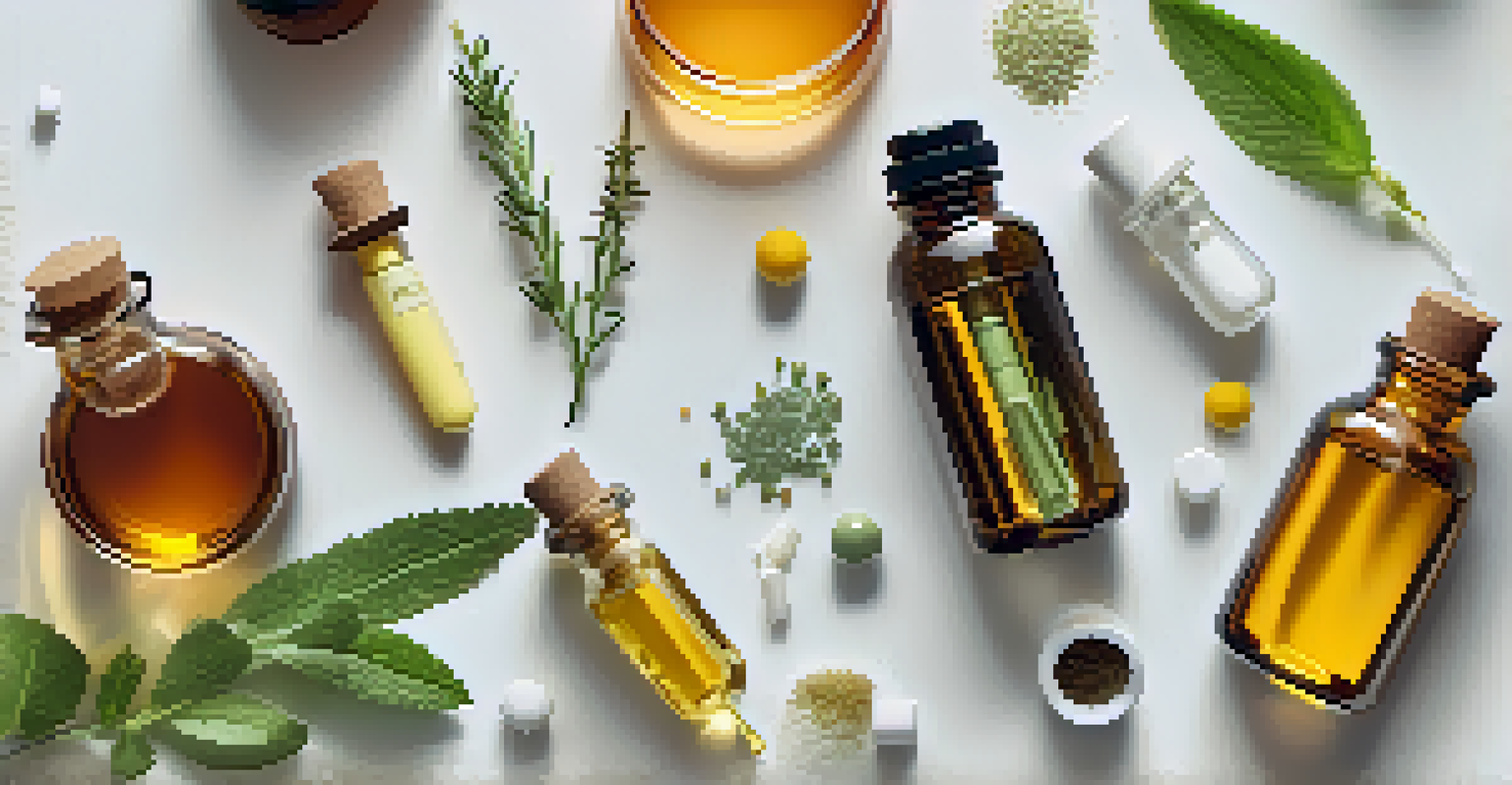 An overhead view of various herbal extracts including liquid tinctures, powdered extracts in jars, and capsules on a white background.