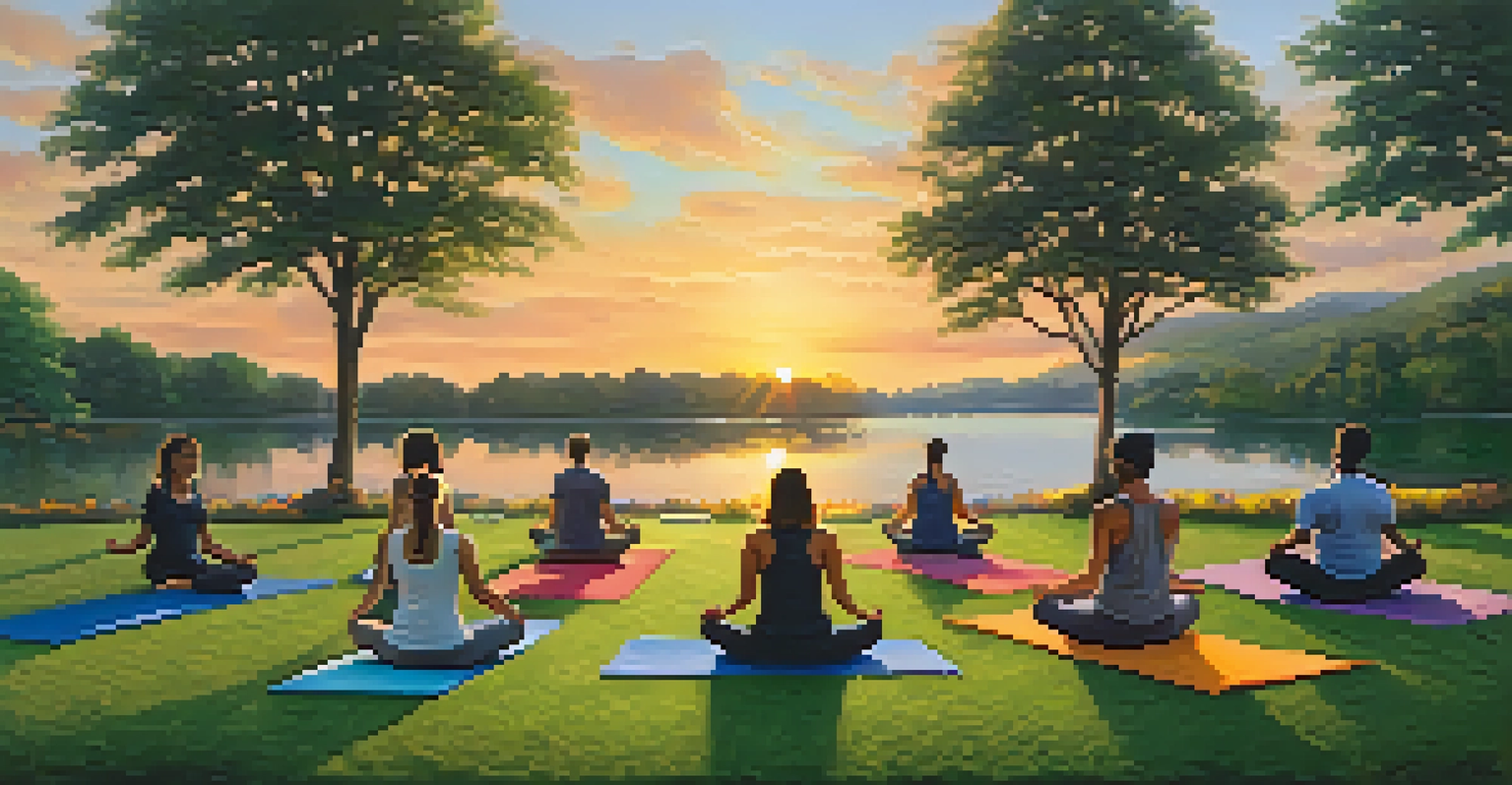 A diverse group of people practicing yoga in a scenic park during sunset, surrounded by greenery and a calm lake.