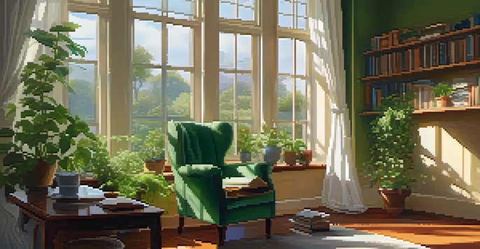 A person relaxing in a cozy reading nook with plants and a cup of tea, bathed in warm sunlight.
