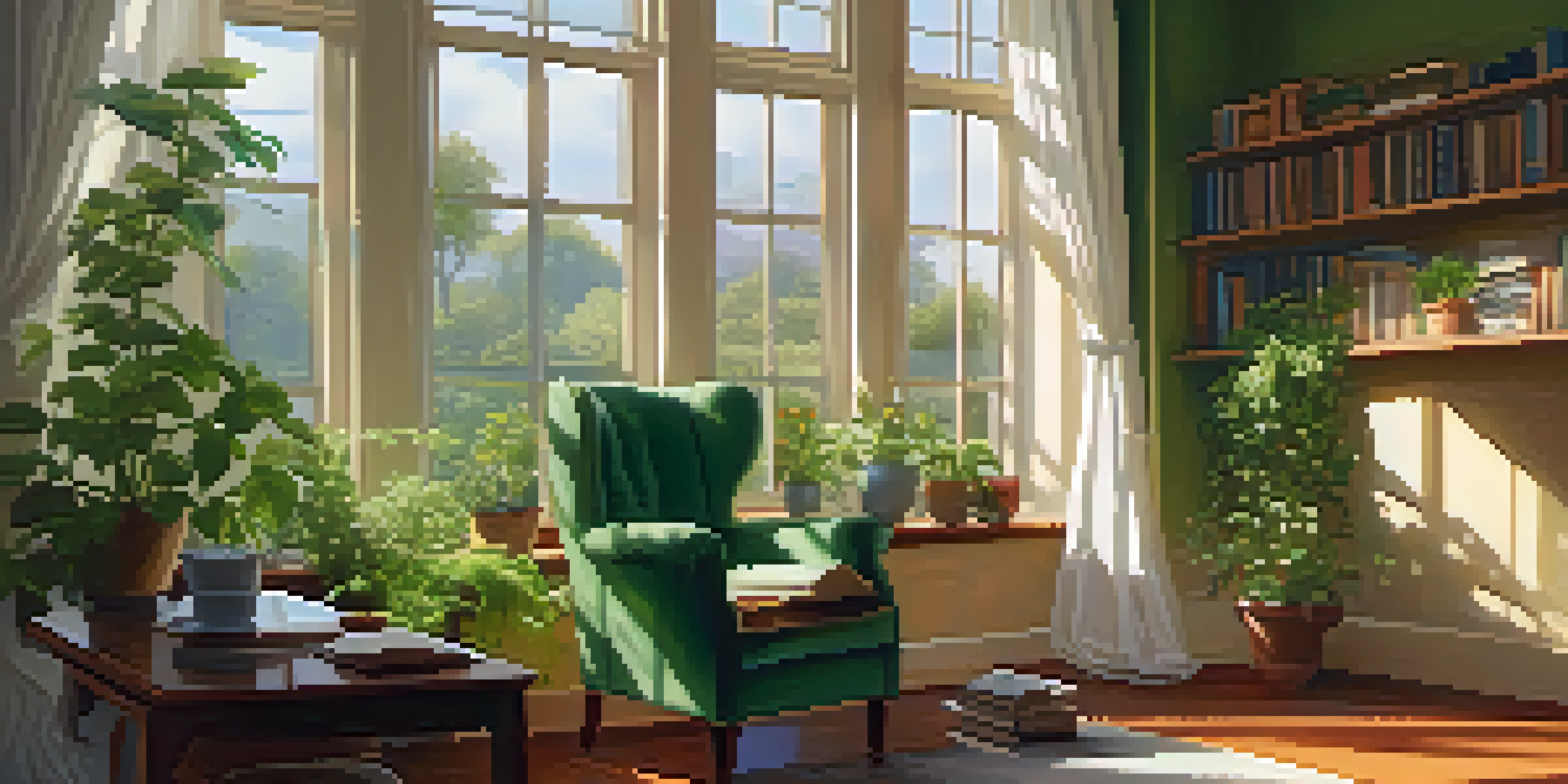 A person relaxing in a cozy reading nook with plants and a cup of tea, bathed in warm sunlight.
