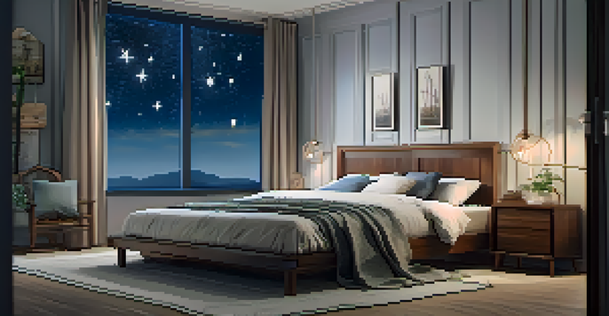 A cozy bedroom with a large bed, warm lighting, and a nightstand with tea and a book, designed for restful sleep.