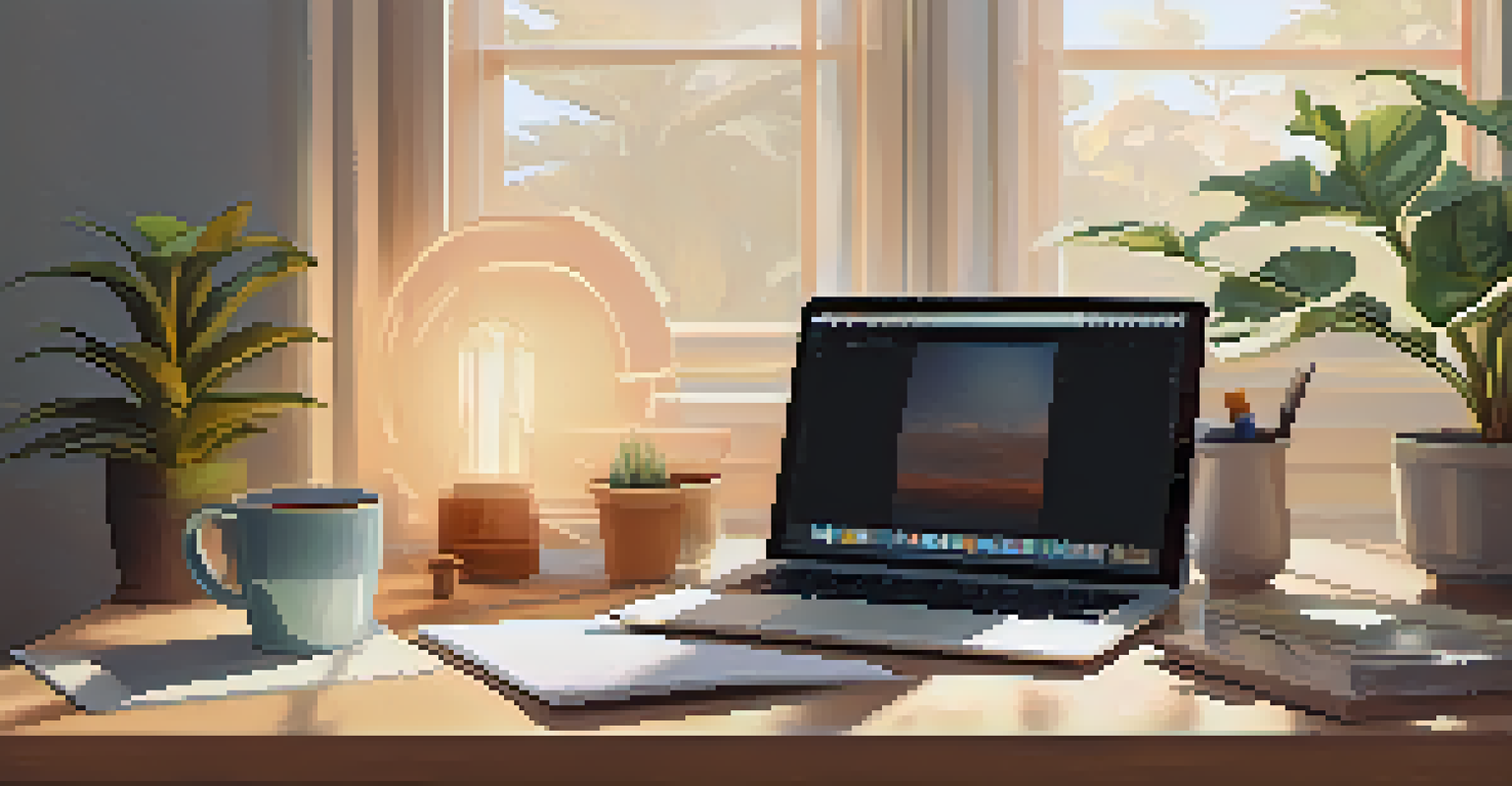 A close-up of a light therapy box on a desk with a journal, plant, and coffee.