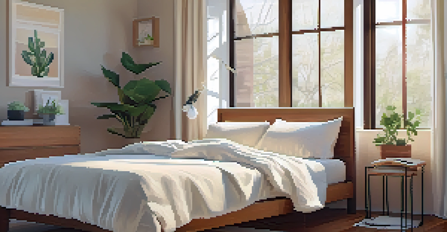 A tranquil bedroom with soft colors, a made bed, and morning light, emphasizing a peaceful and cozy environment.