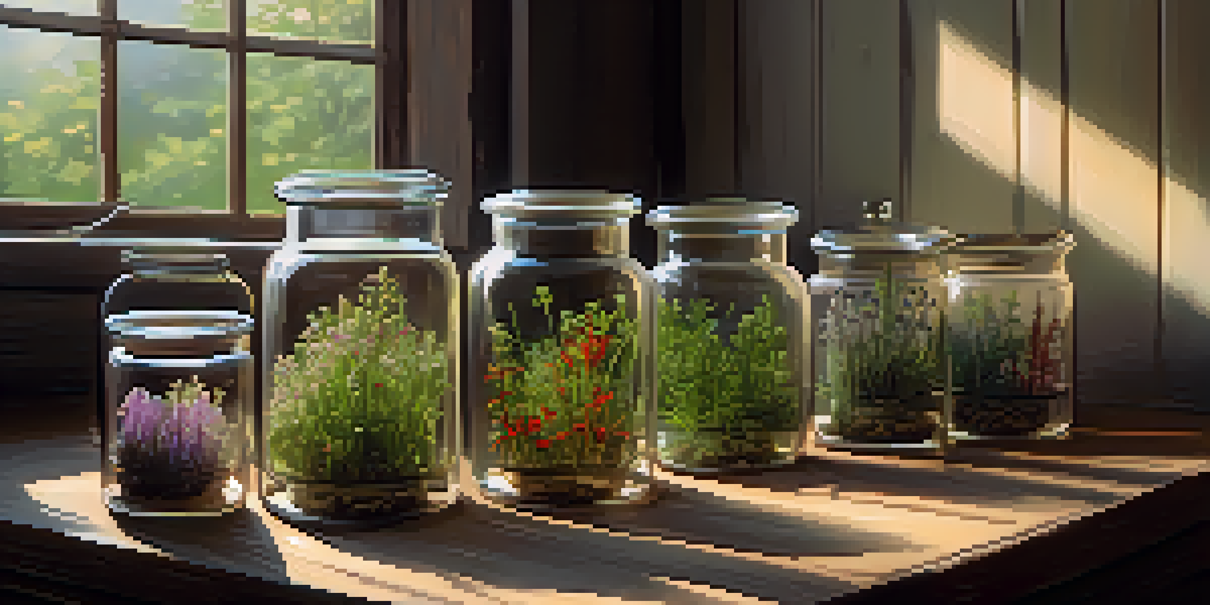 A peaceful apothecary setting with colorful jars of dried herbs, fresh herbs in the foreground, and a herbal book, illuminated by warm sunlight.