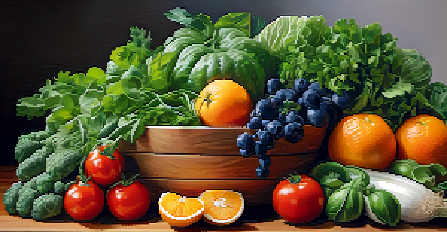A close-up view of fresh fruits and vegetables on a wooden countertop, showcasing vibrant colors and a focus on nutrition.
