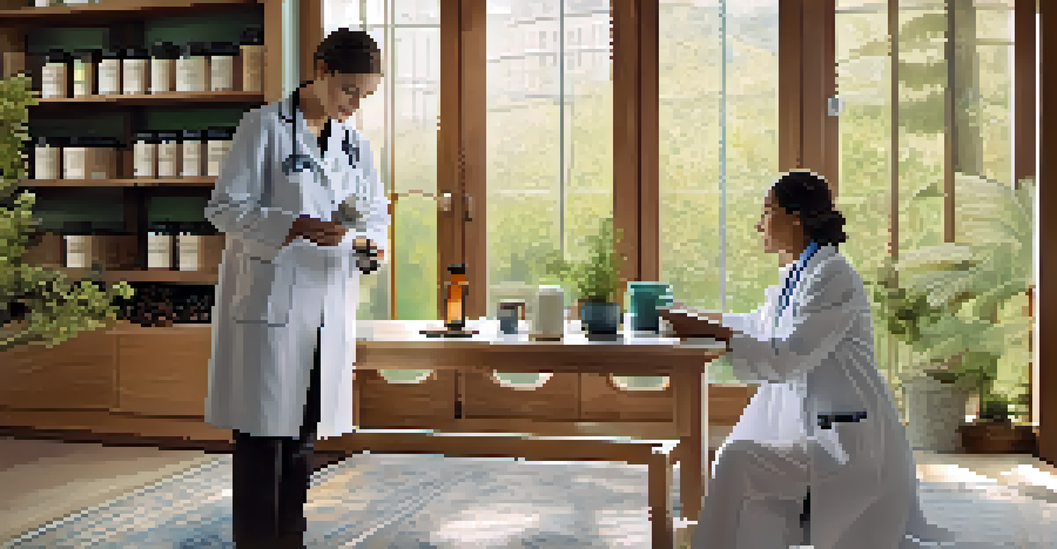 A split image depicting a conventional doctor examining a patient and a naturopathic practitioner serving herbal tea in a cozy setting.