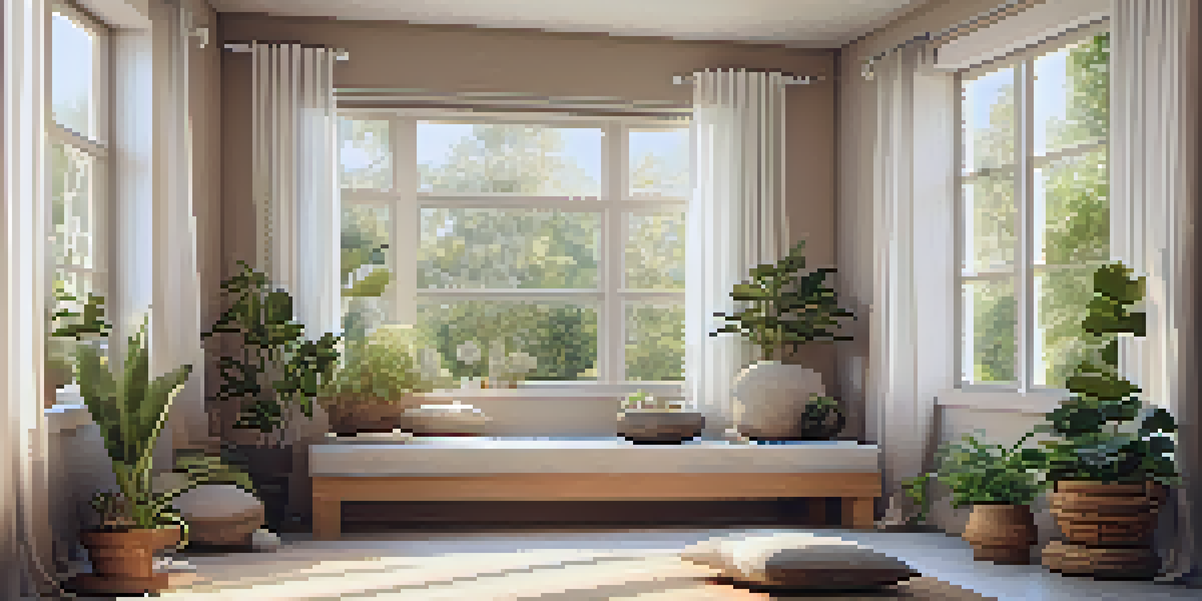 A peaceful meditation room with natural light, plants, and a meditation cushion, creating a calming atmosphere for seniors.