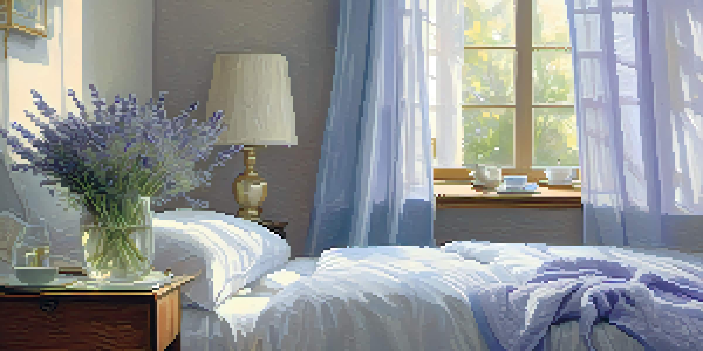 A cozy bedroom with calming colors, a cup of chamomile tea, and lavender flowers on a bedside table, creating a tranquil atmosphere.
