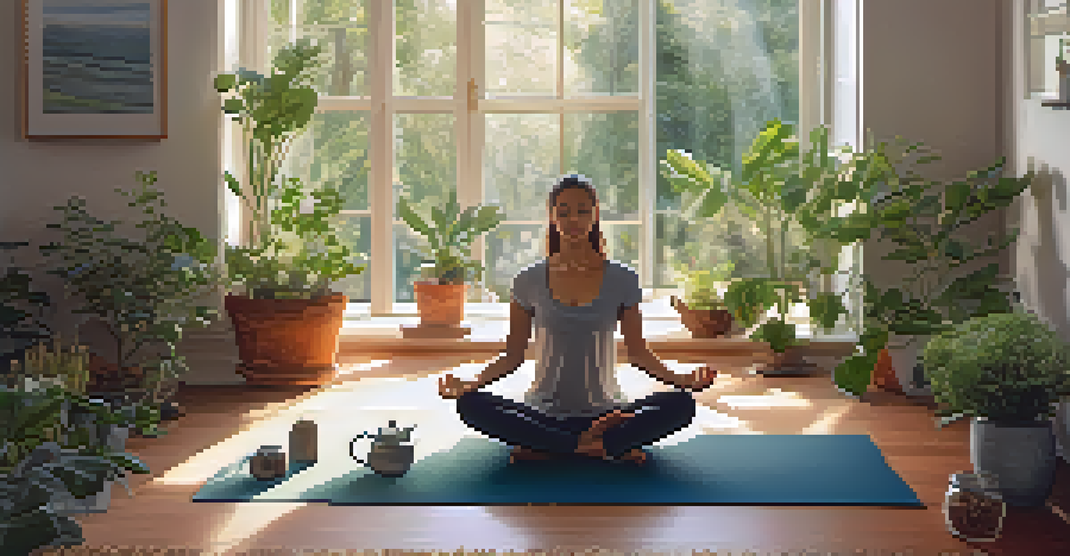 A person practicing yoga in a tranquil home environment filled with plants and natural light.