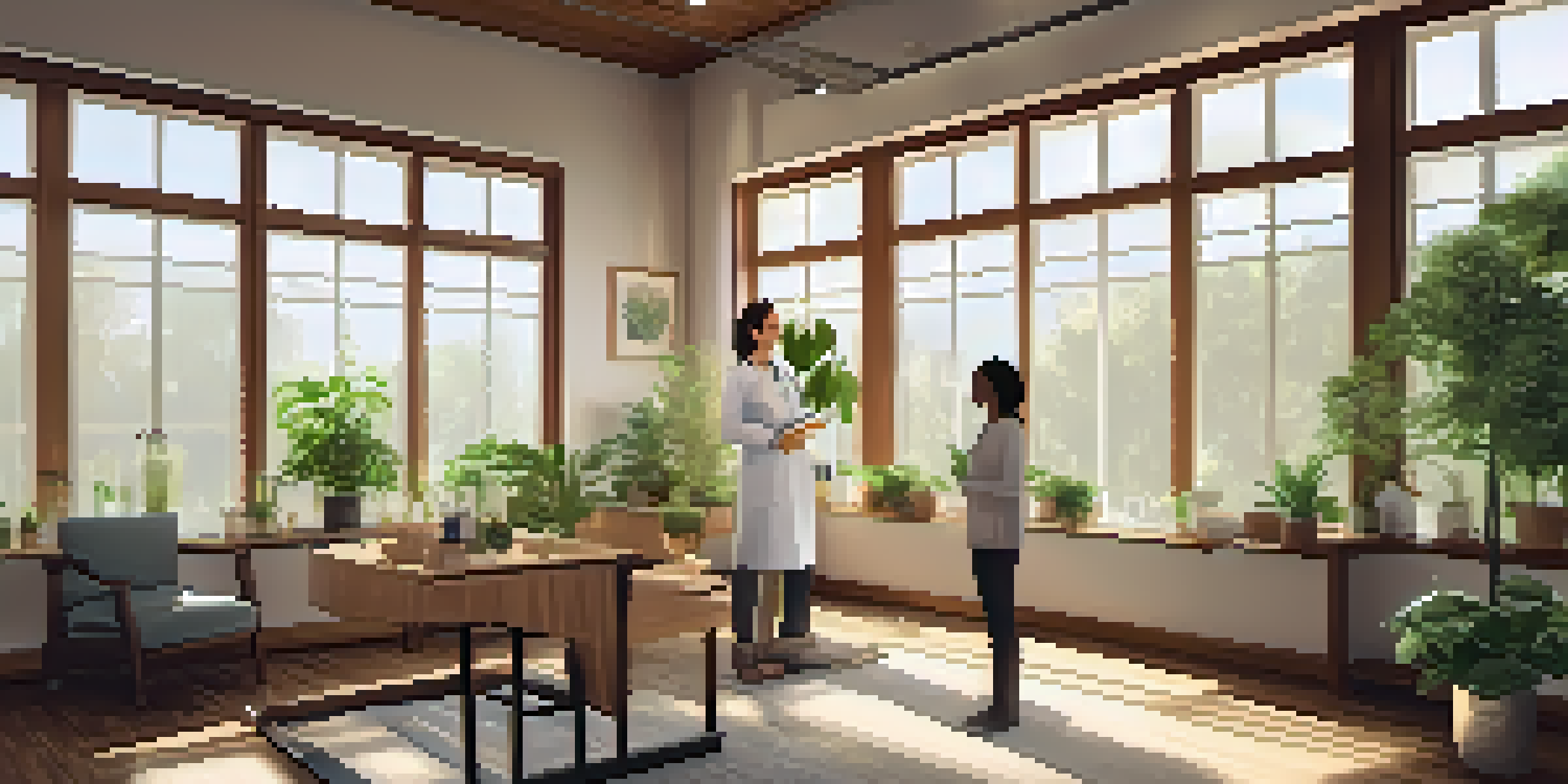 A peaceful naturopathic clinic with wooden furniture and plants, where a practitioner talks to a patient about natural remedies.