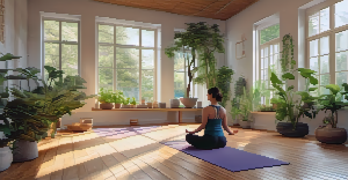 A person practicing yoga in a bright studio with large windows and green plants, creating a calming atmosphere.
