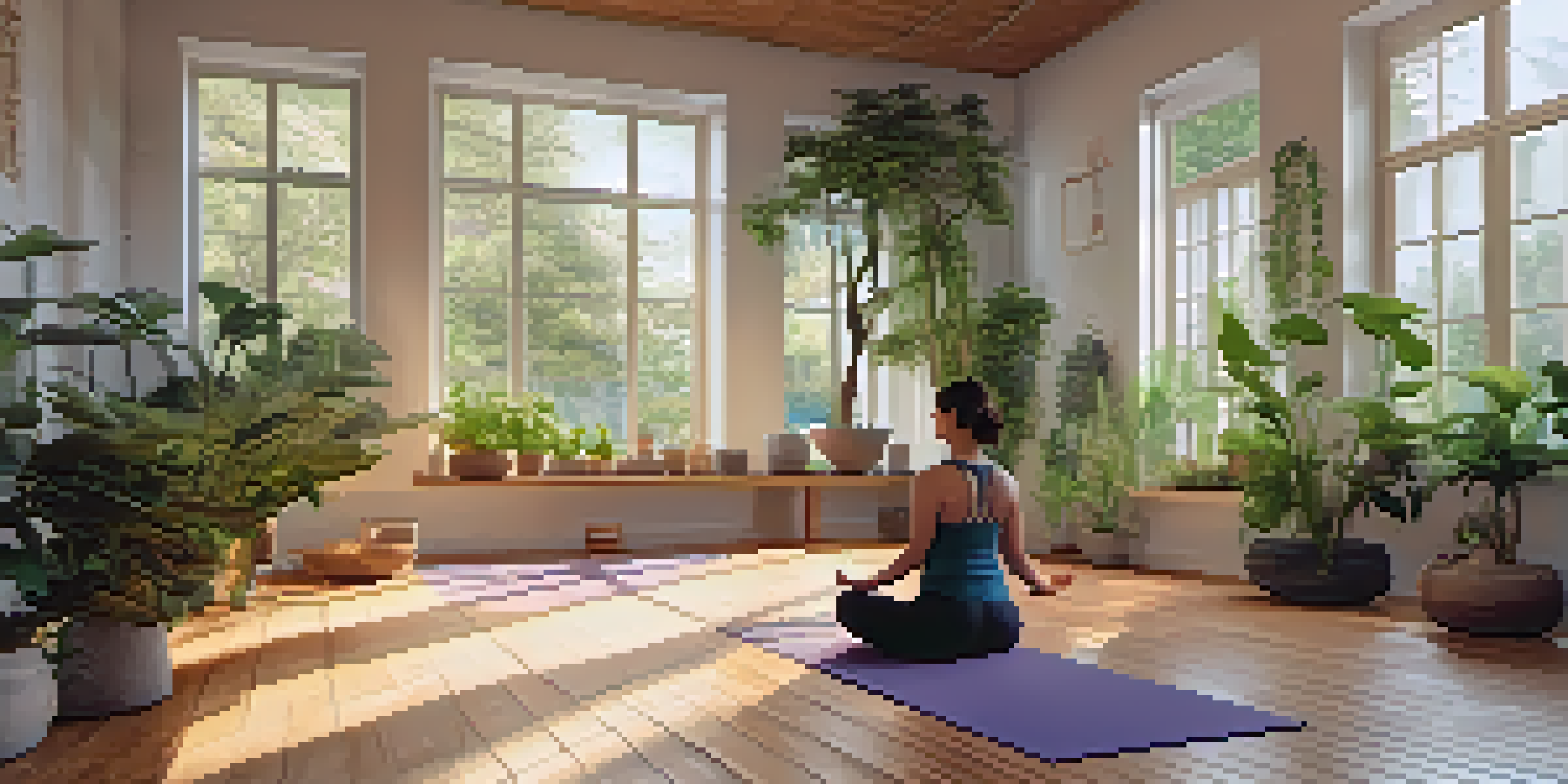 A person practicing yoga in a bright studio with large windows and green plants, creating a calming atmosphere.