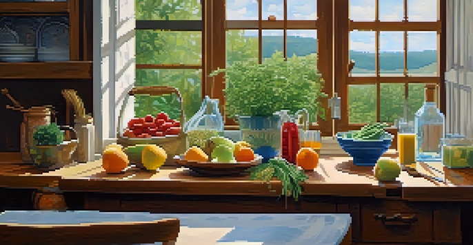 A cozy kitchen table with a variety of healthy foods including fruits and vegetables, illuminated by soft natural light.