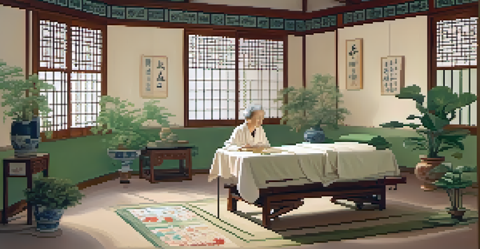 An elderly woman receiving acupuncture in a peaceful treatment room, with soft lighting and calming decor.